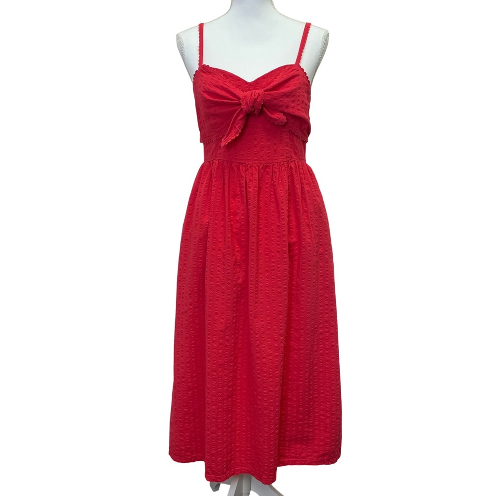 Old Navy  Red Dobby Tie Front Midi Dress Smocked Back Medium BBQ Resortwear